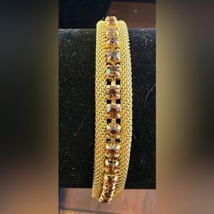 Vintage Yellow Gold Plated Mesh Bracelet, 42 Brown Topaz Stones EUC Size 7”